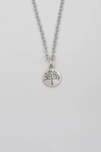 Yuvarlak Hayat Ağacı Düz Ezme Zincir Kolye - Antik Gümüş Kaplama - Kadın Erkek - 60 cm ürün görseli 1