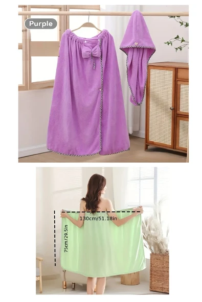 2 Parça Mor Banyo Bornoz Havlu Seti Havlu Etek %100 Polyester, Yumuşak Hızlı Kuruyan, Süper Emici Çıtçıtlı Banyo Robası