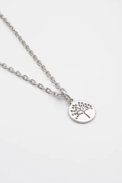 Yuvarlak Hayat Ağacı Düz Ezme Zincir Kolye - Antik Gümüş Kaplama - Kadın Erkek - 60 cm - Resim 2