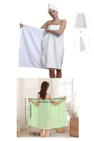 2 Parça Beyaz Banyo Bornoz Havlu Seti Havlu Etek %100 Polyester, Yumuşak Hızlı Kuruyan, Süper Emici Çıtçıtlı Banyo Robası