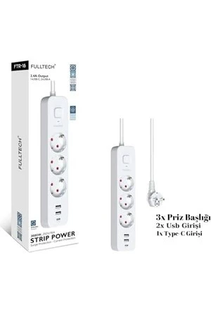 Ftr16 3'lü Akım Korumalı Priz Çoğaltıcı 1 Metre Uzatma Kablosu 2x USB 1x Type-C 2.4A - Resim 2