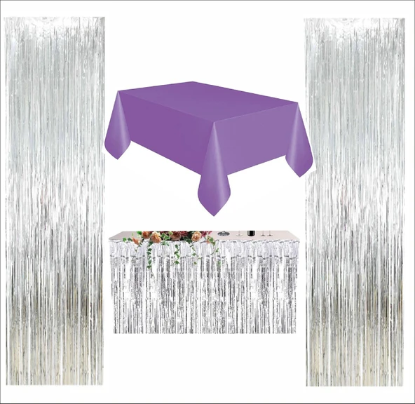 Mor Masa Örtüsü, Gümüş Masa Eteği, 2 Gümüş Arka Fon ürün görseli 1