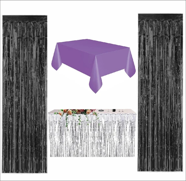 Mor Masa Örtüsü, Gümüş Masa Eteği, 2 Siyah Arka Fon ürün görseli 1