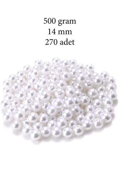 500 gram 14mm Beyaz Renk Plastik İnci Boncuk Çanta ve Takı Yapım Boncuğu (~270 adet)
