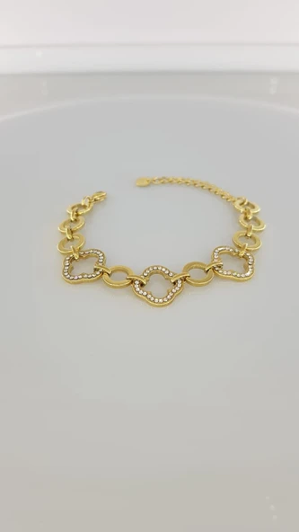 Yonca Taşlı Gold Çelik Bileklik - 2