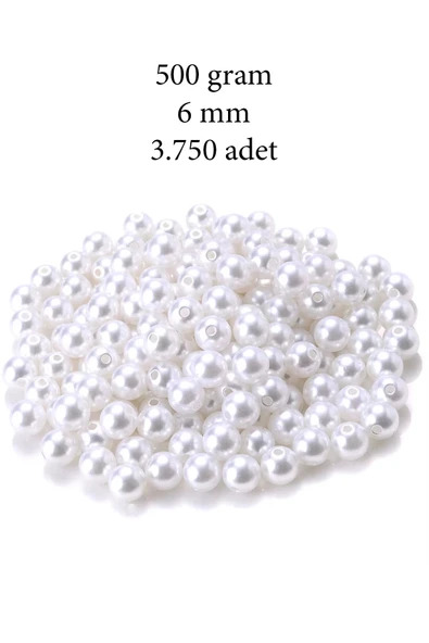500 gram 6mm Beyaz Renk Plastik İnci Boncuk Çanta ve Takı Yapım Boncuğu (~3.750 adet) ürün görseli