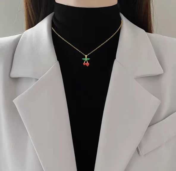 Kiraz Gold Kolye Küpe Çelik Takı Seti - Resim 4