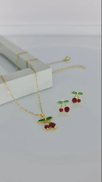 Kiraz Gold Kolye Küpe Çelik Takı Seti ürün görseli