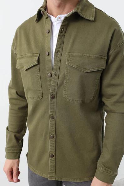 Erkek Oversize Jean Gömlek Haki - 6