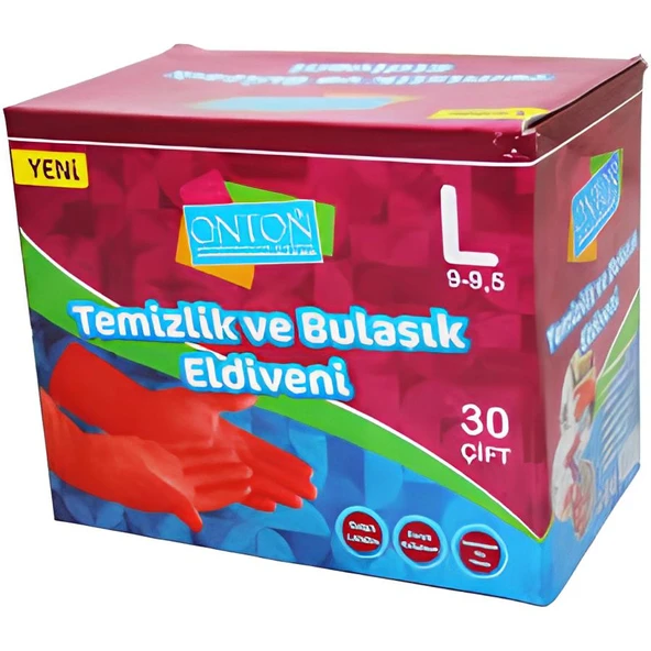 Onton Bulaşık ve Temizlik Eldiveni 30 Çift L Beden (9 - 9,5) Kırmızı Lateks ürün görseli