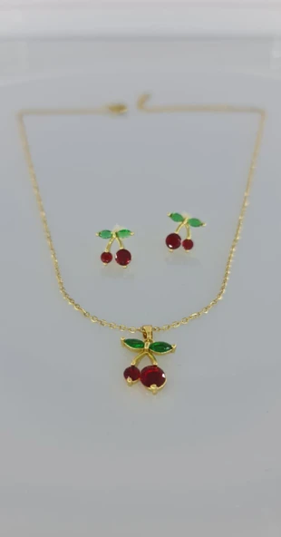 Kiraz Gold Kolye Küpe Çelik Takı Seti - Resim 3