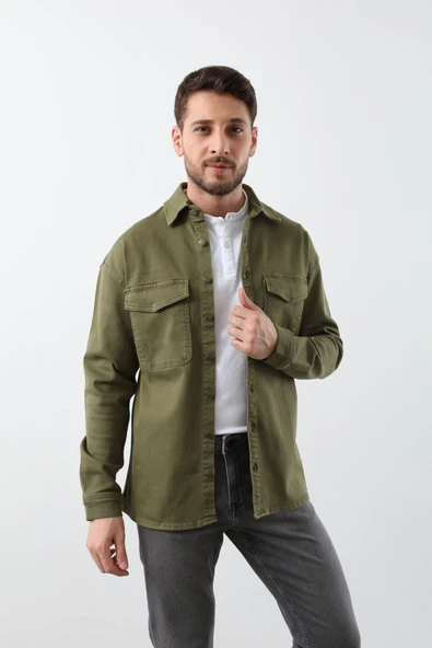 Erkek Oversize Jean Gömlek Haki - 3