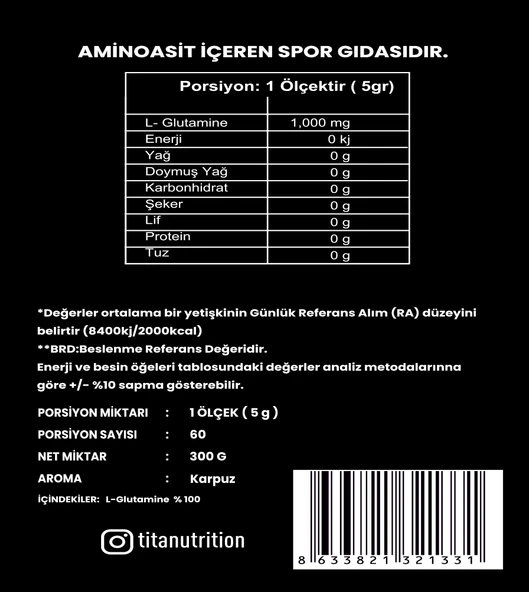 Titan Premium L-GLUTAMINE 300 Gr-Karpuz-Aroma - 2