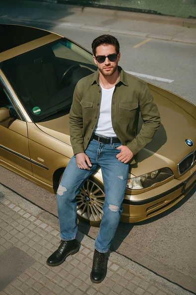 Erkek Oversize Jean Gömlek Haki