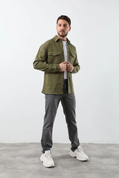 Erkek Oversize Jean Gömlek Haki - 5