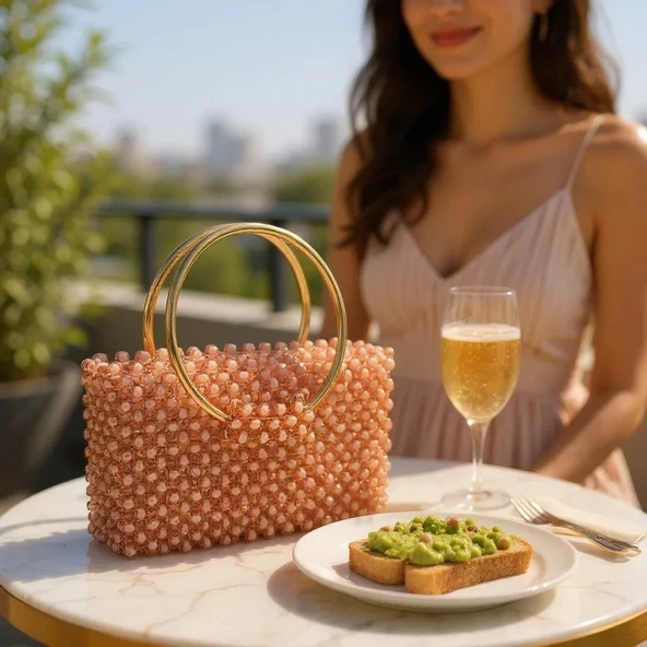 Plentiful İnci Boncuk Çanta, Abiye , Gece , Düğün, Gelin,Nişan Çantası - Resim 6