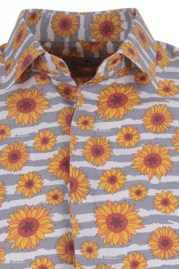 Papatya Yaprak Çiçek Baskılı Gri DPD182 Slimfit Spor Erkek Gömlek - 2