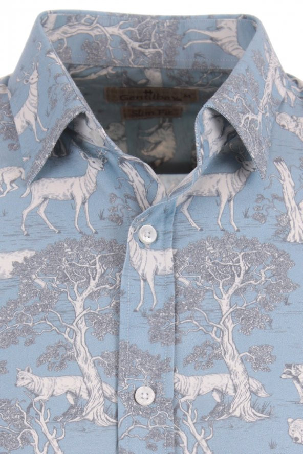 Tavşan Geyik Boynuz Hayvan Baskılı Mavi DPD145 Spor Erkek Gömlek - 2