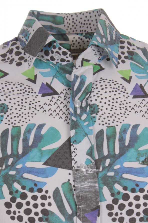 Hawaii Yaprak Ada Baskılı Mavi DPD103 Pamuklu Spor Erkek Gömlek - 2