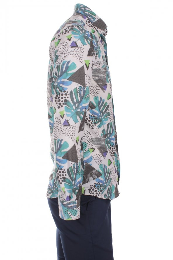 Hawaii Yaprak Ada Baskılı Mavi DPD103 Pamuklu Spor Erkek Gömlek - 3