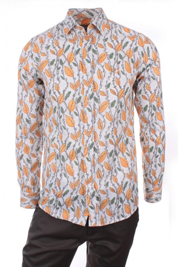 Sarmaşık Bahar Dal Baskılı Sarı DPD102 Pamuklu Spor Erkek Gömlek