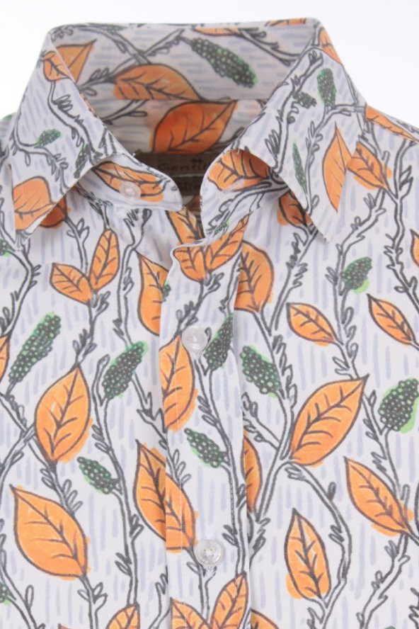 Sarmaşık Bahar Dal Baskılı Sarı DPD102 Pamuklu Spor Erkek Gömlek - 2