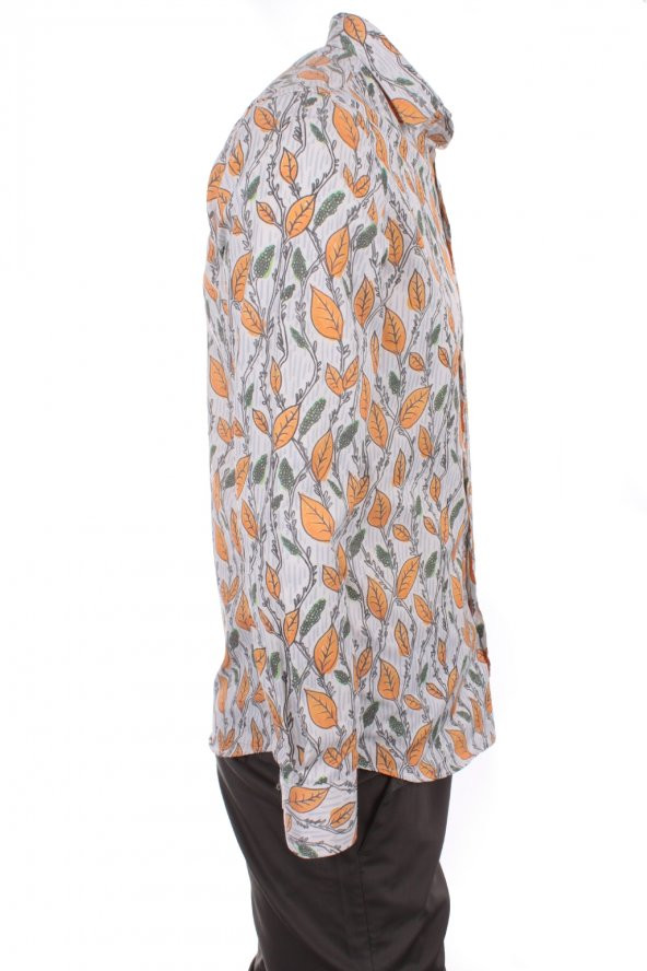 Sarmaşık Bahar Dal Baskılı Sarı DPD102 Pamuklu Spor Erkek Gömlek - 3