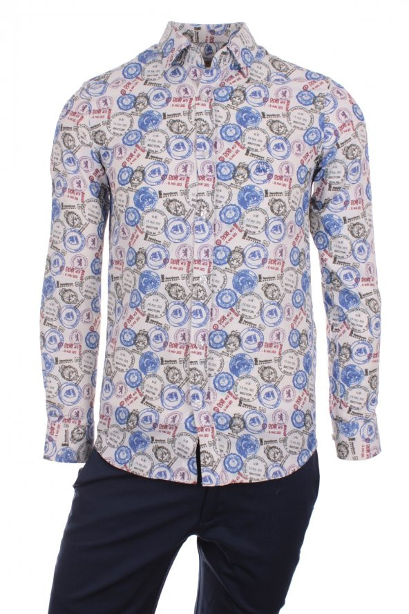 Mühür Avrupa Vize Baskılı Mavi DPD078 Pamuklu Spor Erkek Gömlek