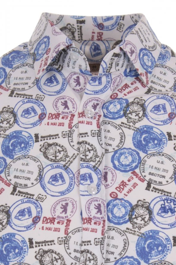 Mühür Avrupa Vize Baskılı Mavi DPD078 Pamuklu Spor Erkek Gömlek - 2