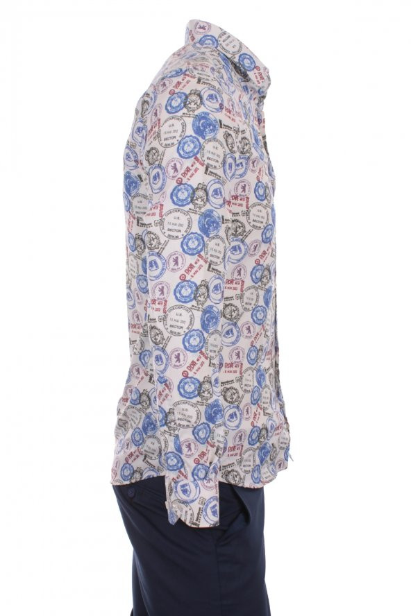 Mühür Avrupa Vize Baskılı Mavi DPD078 Pamuklu Spor Erkek Gömlek - 3