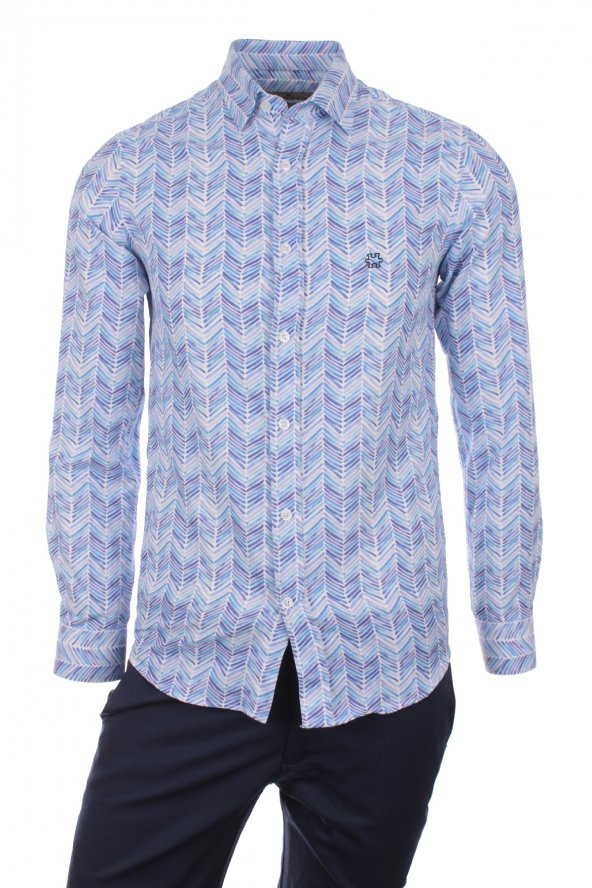 Dijital Baskılı Mavi Pamuk Polyester Spor Gömlek DPD012