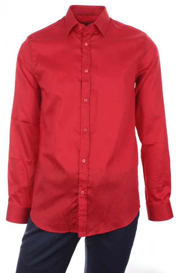 Saten Likralı İş Düz Kırmızı LCS001 Pamuk Klasik Erkek Gömlek