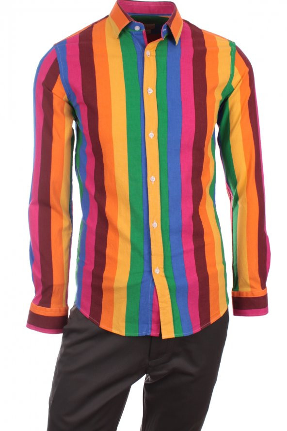 Gökkuşağı Çizgili Vintage Renkli LC1026 Pamuk Spor Erkek Gömlek