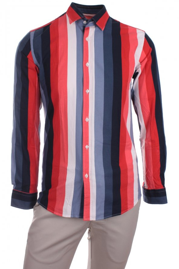 Rengarenk Retro Vintage Çizgili Gri LC1026 Spor Erkek Gömlek - 1