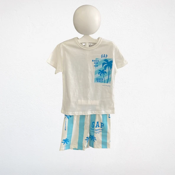 Çocuk Yazlık Takım – Palmiye Desenli Mavi & Beyaz - Resim 3