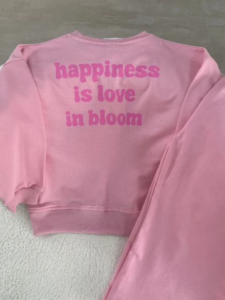 Kız Çocuk Sweatshirt & Pantolon Takımı – Çiçek Baskılı, Pembe - 3