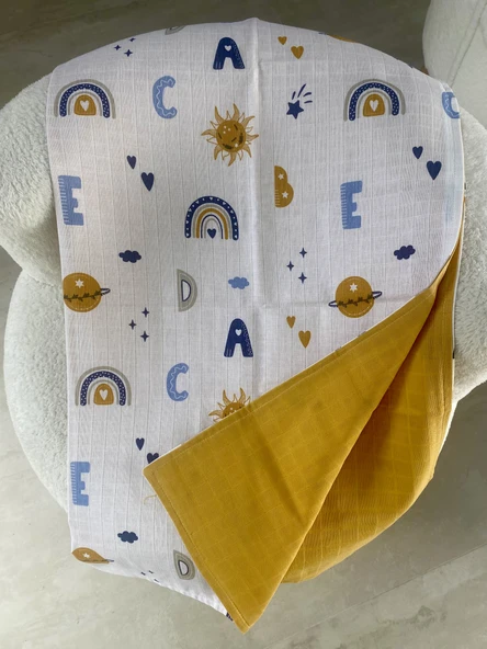 80 x 90 Unisex Bebek Battaniyesi - Renkli Alfabe & Gökyüzü Desenli Müslin - 4