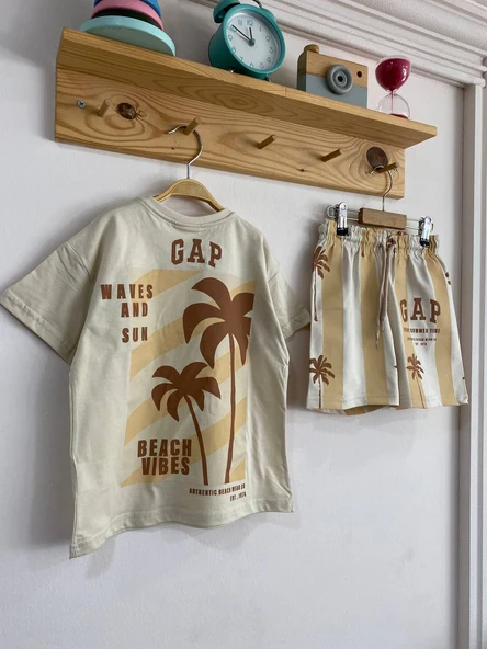 Çocuk Yazlık Takım – Palmiye Desenli Kahverengi & Beyaz - 2