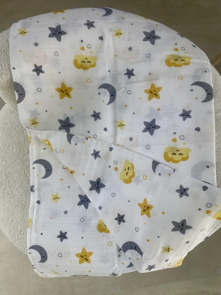80 x 90 Unisex Bebek Battaniyesi - Sarı & Gri Desenli Müslin - 5