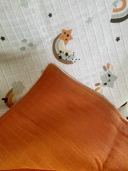 80 x 90 Unisex Bebek Battaniyesi - Turuncu & Hayvan Figürlü Müslin - 4