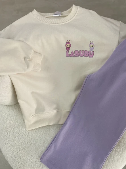 LABUBU Karakter Baskılı Çocuk Takımı – Krem&Lila - 3