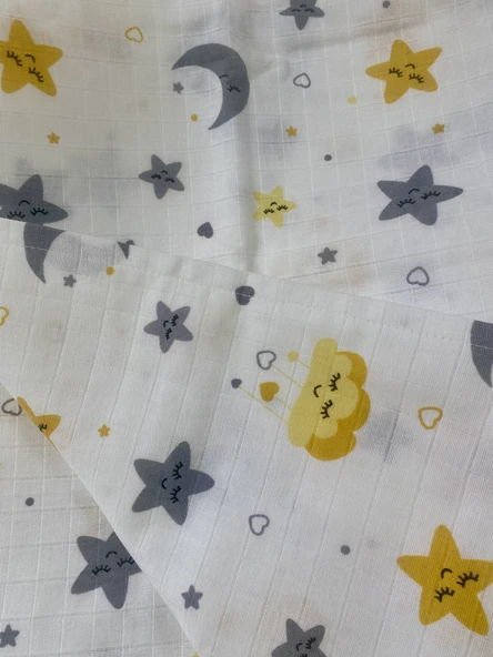 80 x 90 Unisex Bebek Battaniyesi - Sarı & Gri Desenli Müslin