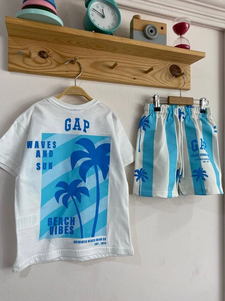 Çocuk Yazlık Takım – Palmiye Desenli Mavi & Beyaz - Resim 2