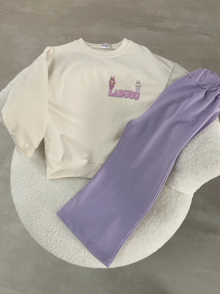LABUBU Karakter Baskılı Çocuk Takımı – Krem&Lila - 4