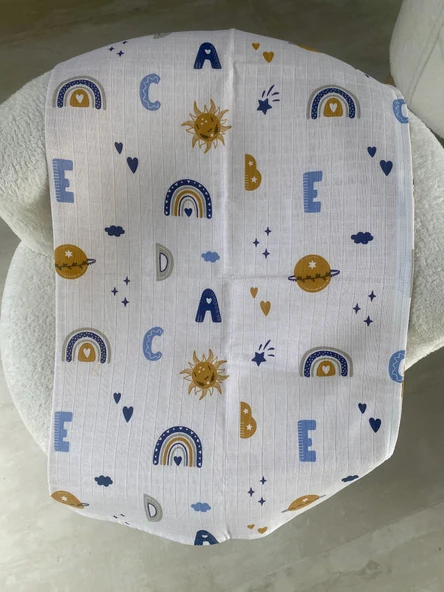 80 x 90 Unisex Bebek Battaniyesi - Renkli Alfabe & Gökyüzü Desenli Müslin - 3
