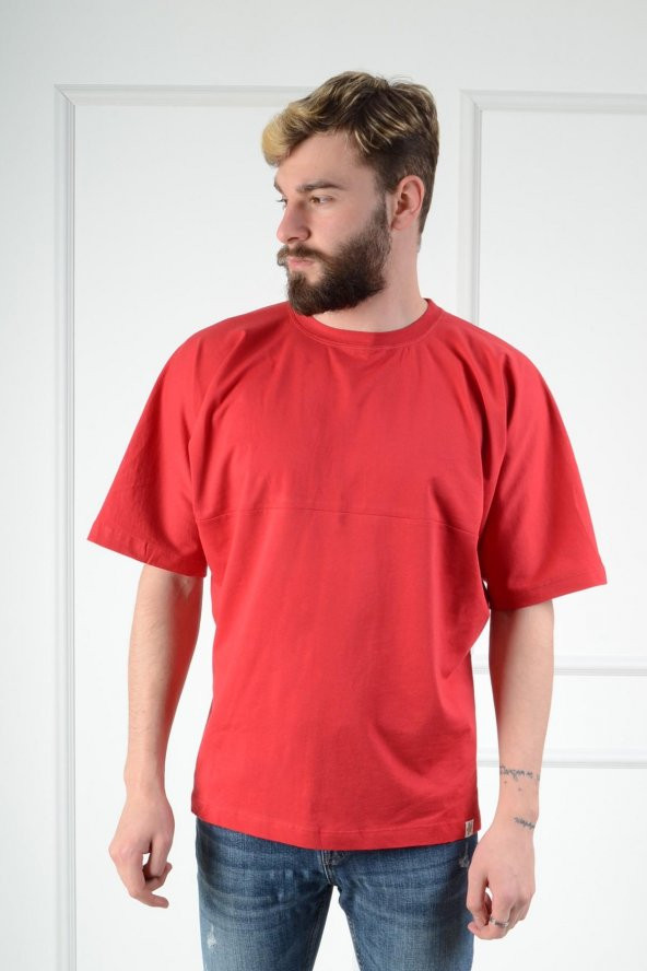 Oversize Bol Salaş Sıfır Yaka Düz Baskısız TBB002 Kırmızı Tişört