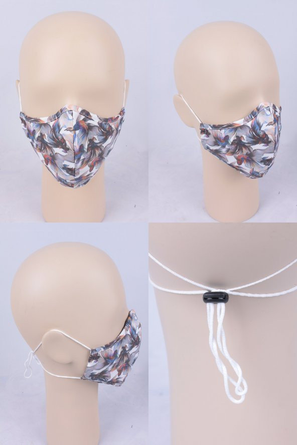 Yıkanabilir Japon Balık Desen Bez Kumaş Ayarlanabilir Maske - 4