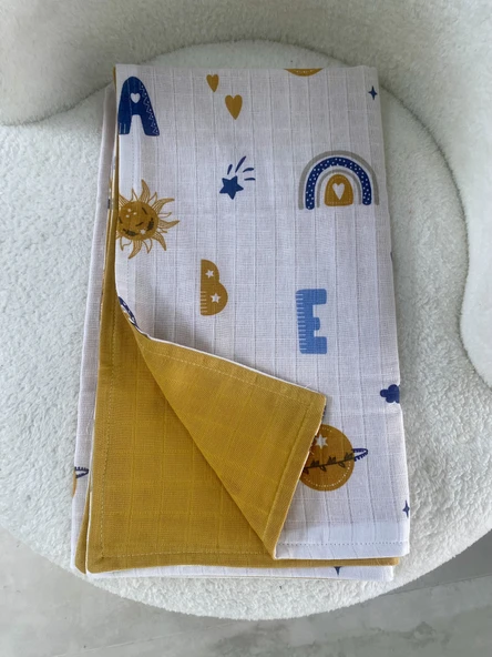80 x 90 Unisex Bebek Battaniyesi - Renkli Alfabe & Gökyüzü Desenli Müslin - 5
