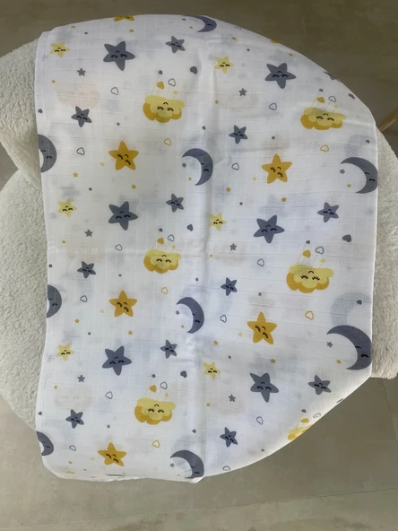 80 x 90 Unisex Bebek Battaniyesi - Sarı & Gri Desenli Müslin - 4