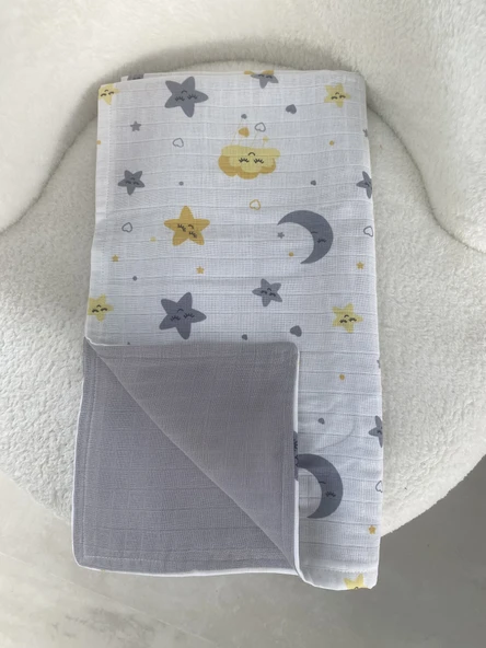 80 x 90 Unisex Bebek Battaniyesi – Sarı & Gri Gökyüzü Temalı Müslin - 3